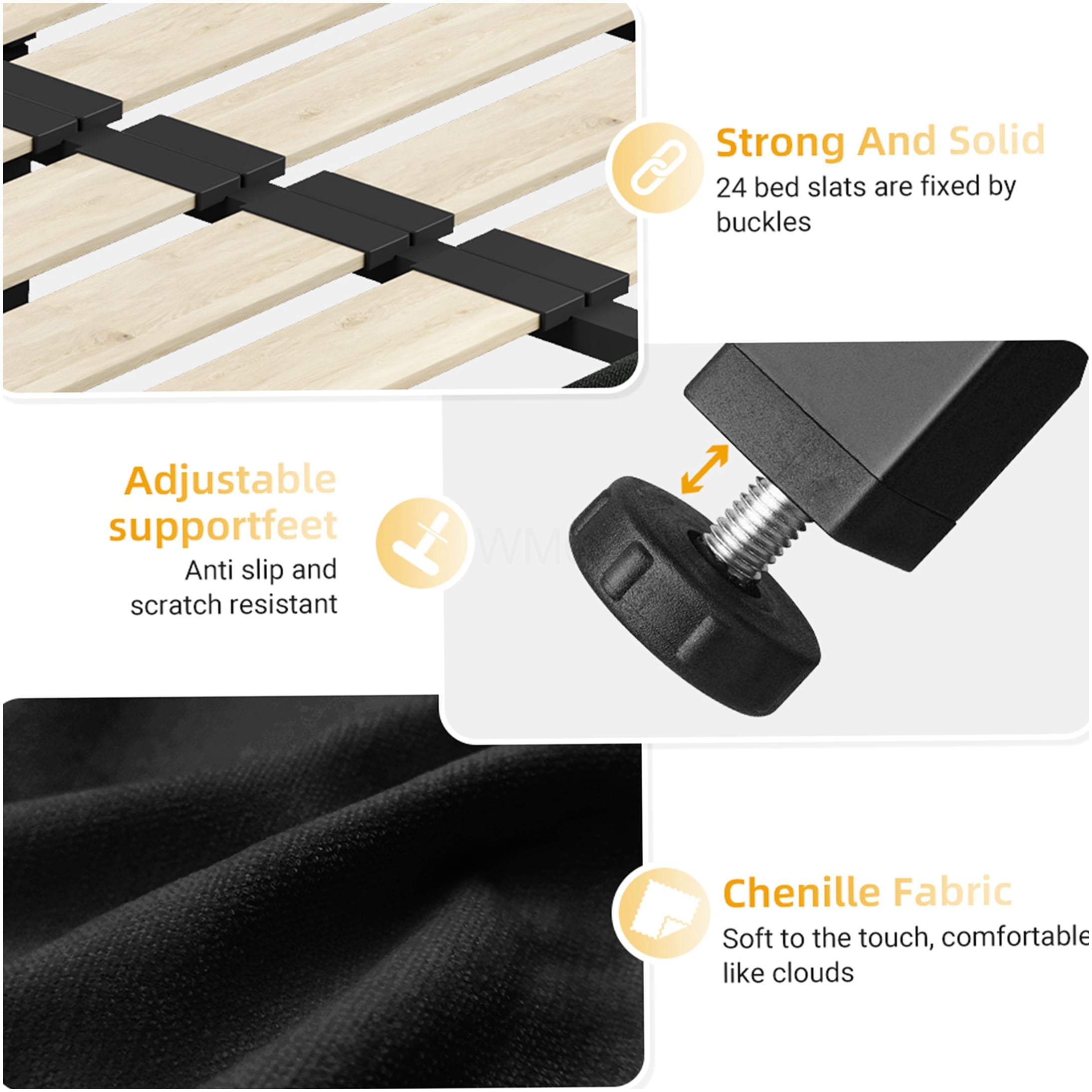 King Size Upholstered Platform Bed Frame with Cloud Pillow Headboard, No Box Spring Needed, Sturdy Metal and Wood Support, Silent and Stable, in Black Chenille Fabric