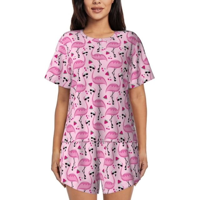 Fotbe Cool Flamingos Conjunto de Pijama Estampado para Mujer, 2 Piezas, Ropa de Dormir con Camiseta de Manga Corta y Shorts Suaves-Small