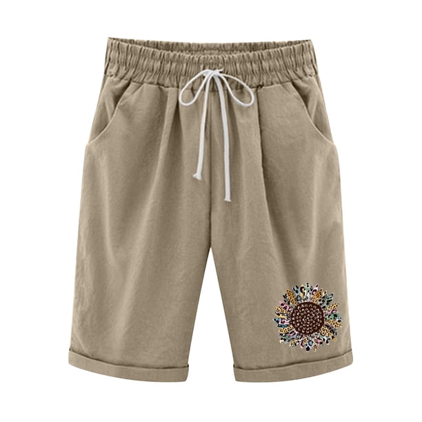 Pantalones casuales de lino y algodón de talla grande con estampado de cinco puntos para mujer Pompotops ulkah938059