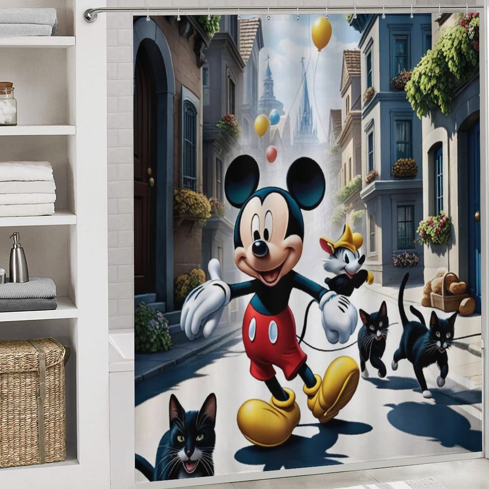 Cartoon Mouse 4PCS Shower Curtain Bathroom Set with Rugs, Toilet Lid Cover And Bath Mat, Shower Curtain with 12 Hooks, Durable Bathroom Decor Set