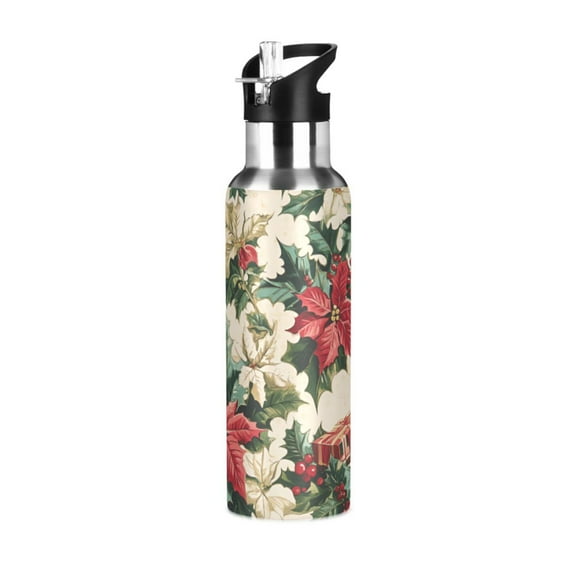 Yayeee 20oz Double Wall Stainless Steel Water Bottle with Flip Straw, Red Christmas Poinsettia