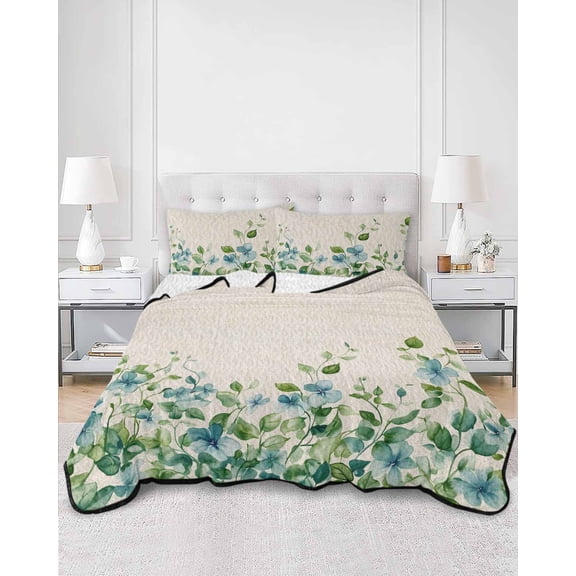 Quilts Twin XL Size, Vintage Flower Soft Comforter Bedding Set for Bed, Blue Green Floral Wildflower Leaves Lightweight Quilted Bedspread with Pillow Cover(2 Pieces) for All Season, 68x98 Inch