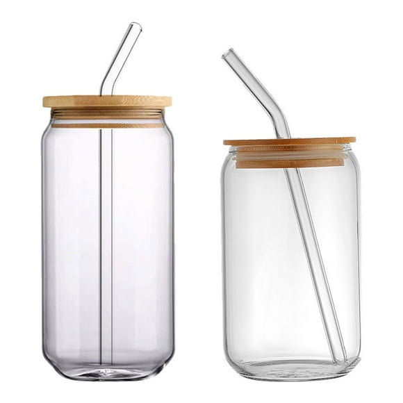 2Pcs Glass Water Cups Cola Straw Cups with Lids Portable Beverage Cups