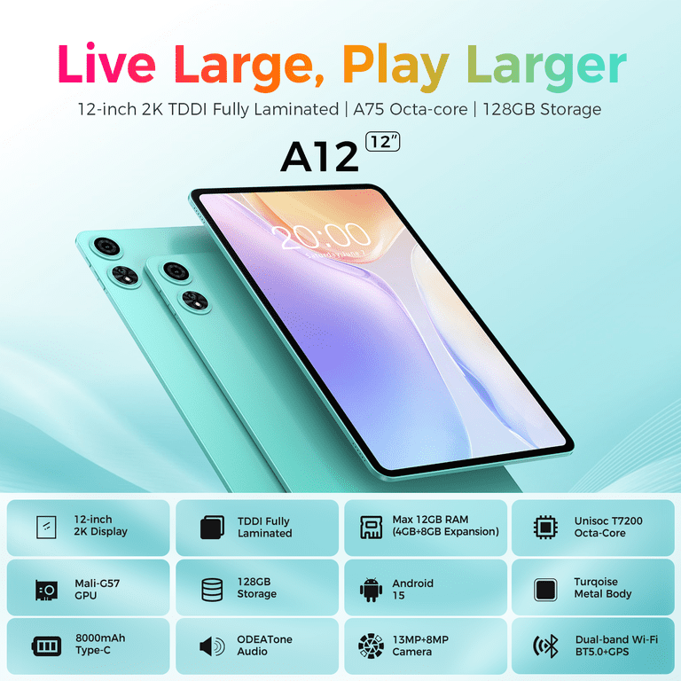 ODEA 12 inch Tablet 2K FHD IPS Android 15, A12 12GB RAM+128GB ROM