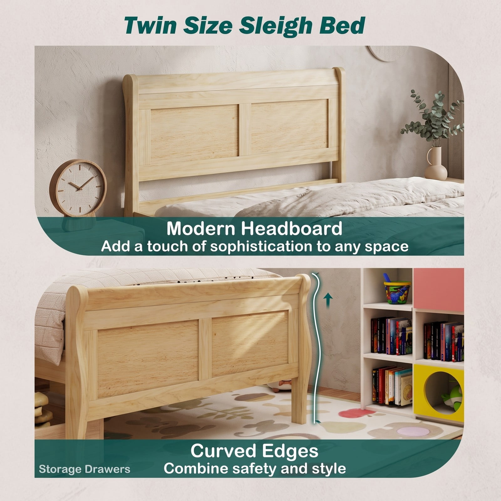 Furnibear Twin Bed Frame with 2 Storage Drawers, Wood Sleigh Platform Bed Frame with Storage and Curved Headboard for Kids Room and Bedroom, Natural