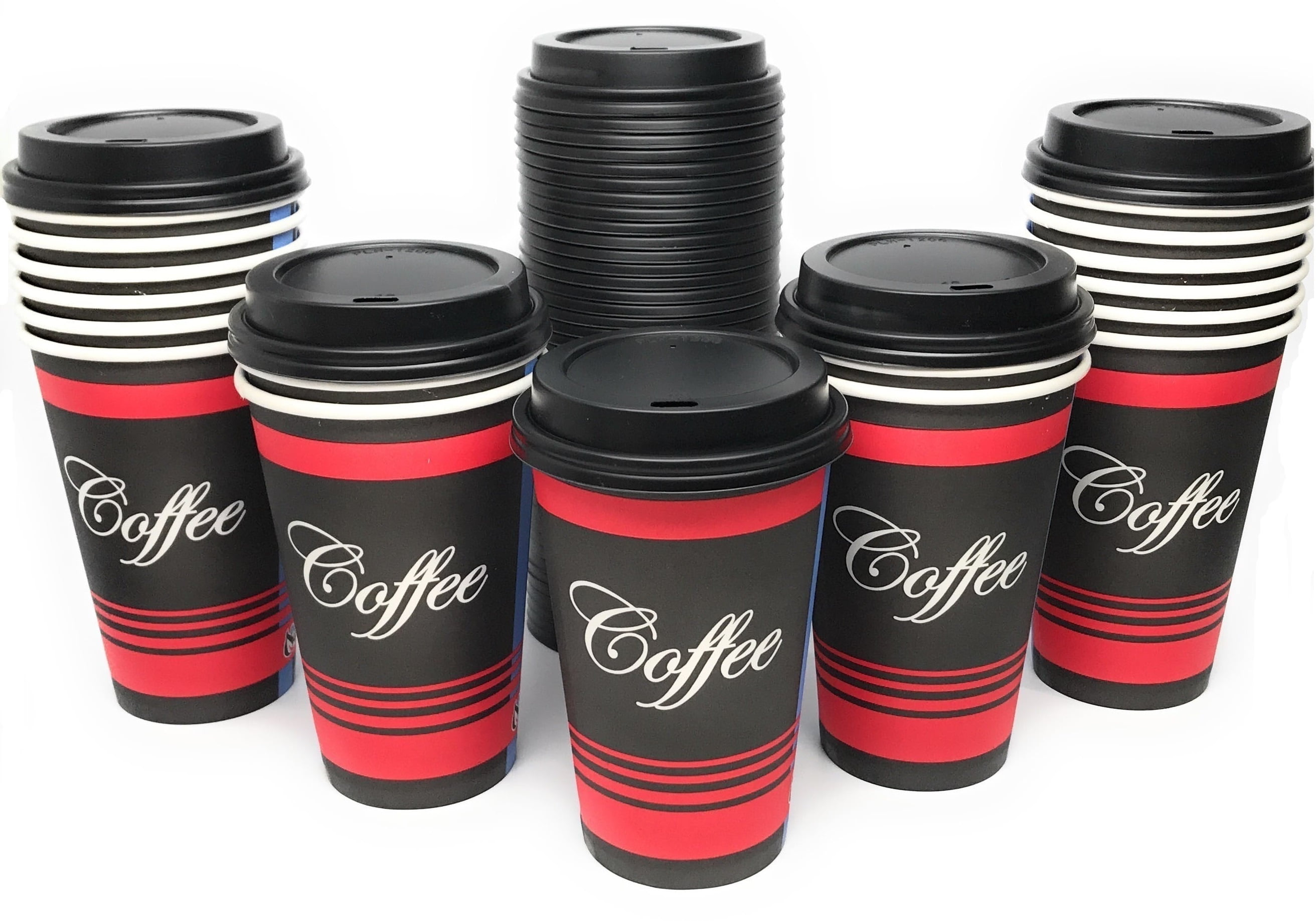 250 Pack 16 Oz Poly Paper Disposable Hot Tea Coffee Cups with Dome Black Lids 