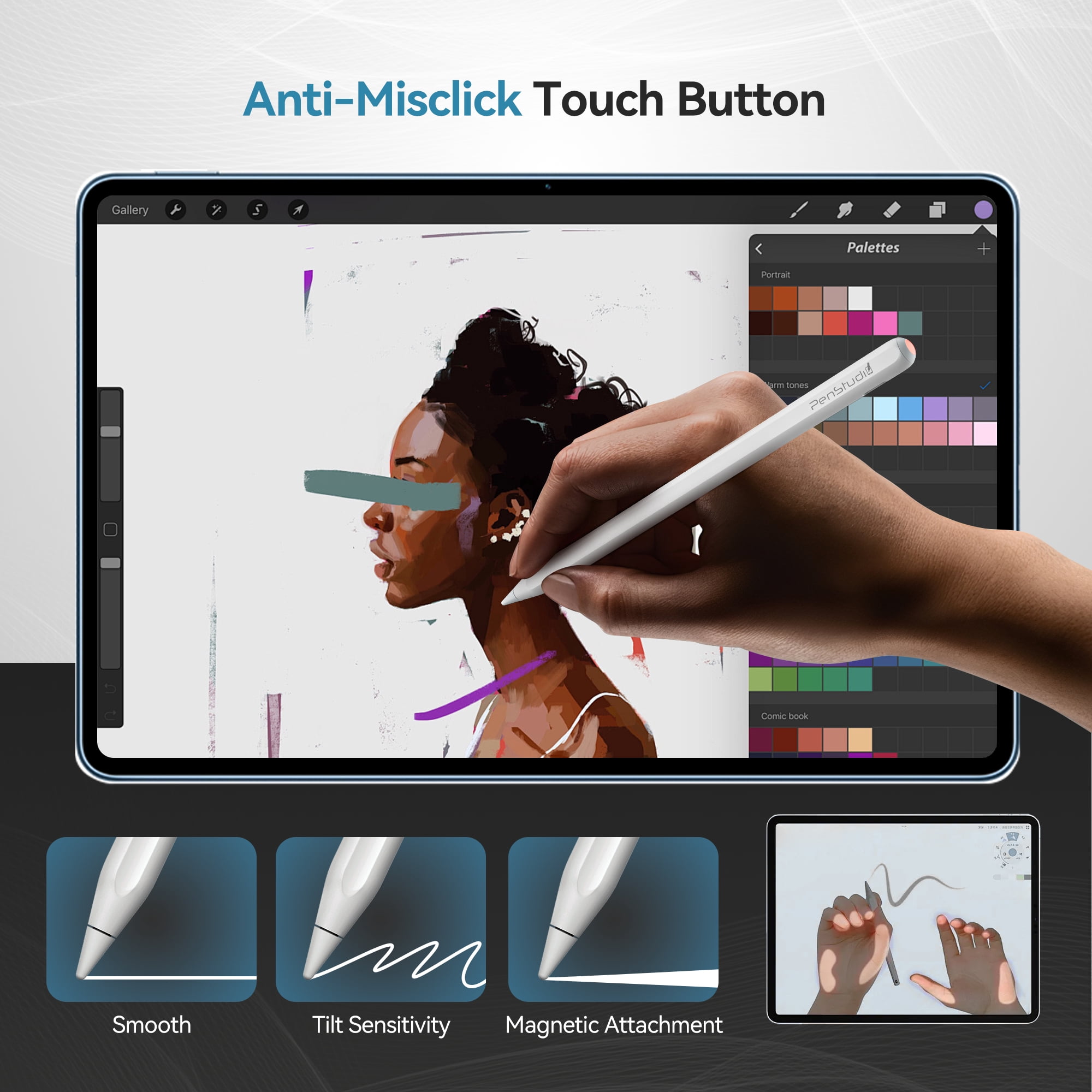 PS1-Pro2 Stylus Pen for iPad 2018–2025｜Anti-Misclick Touch Button & Bluetooth｜USB-C Fast Charge & Metal Tip｜for iPad Pro, Air, Mini, iPad 10th | Customizable Shortcuts