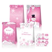 Xshelley 12 PCS Snowflakes, AIF4Snowmen, Christmas Candy Bags, Pink Kraft Bags, Gift Bags (with Stickers) Winter Children's Birthday Party Bash Baby Party Decoration Supplies