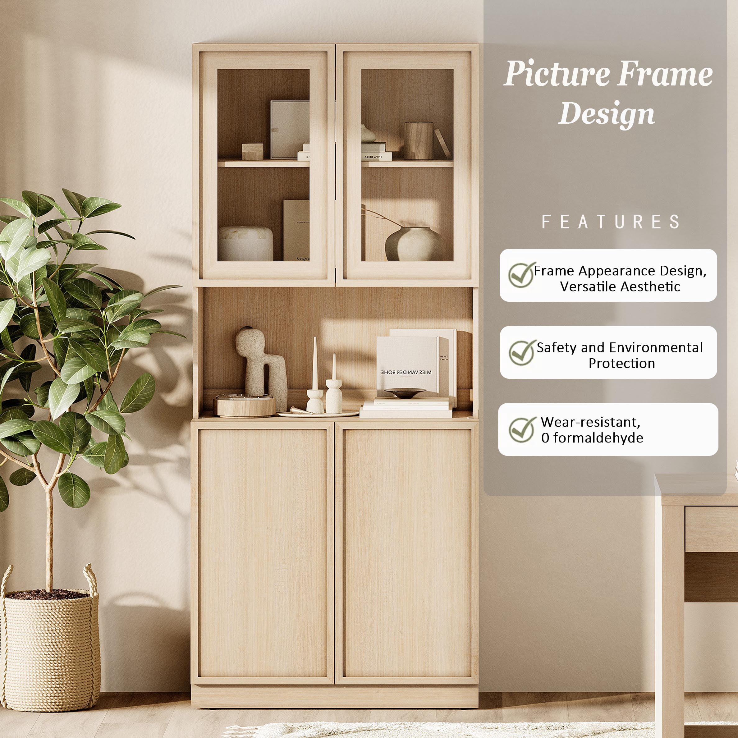 Modern 72" Tall Bookshelf with Glass Doors & Adjustable Shelves, Wood Bookcase with Closed Storage Cabinet,Beige