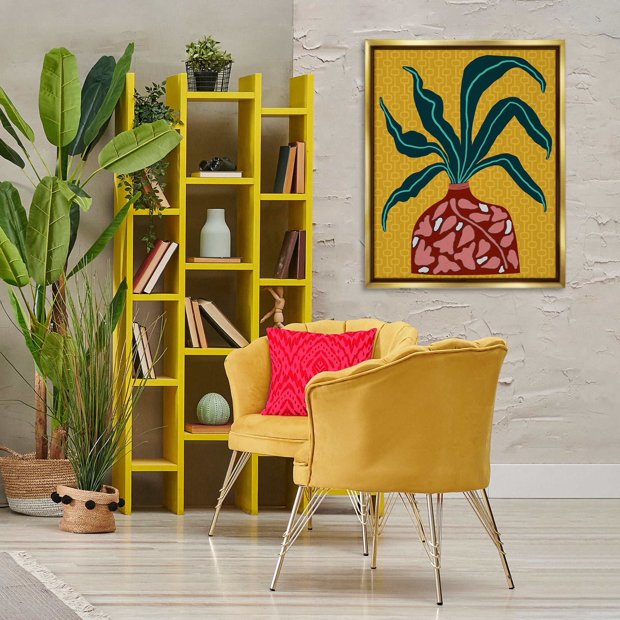 Stupell Industries Spider Plant on Yellow Plants & Flowers Painting Gold Floater Framed Canvas Art Print Wall Art, 25 x 31