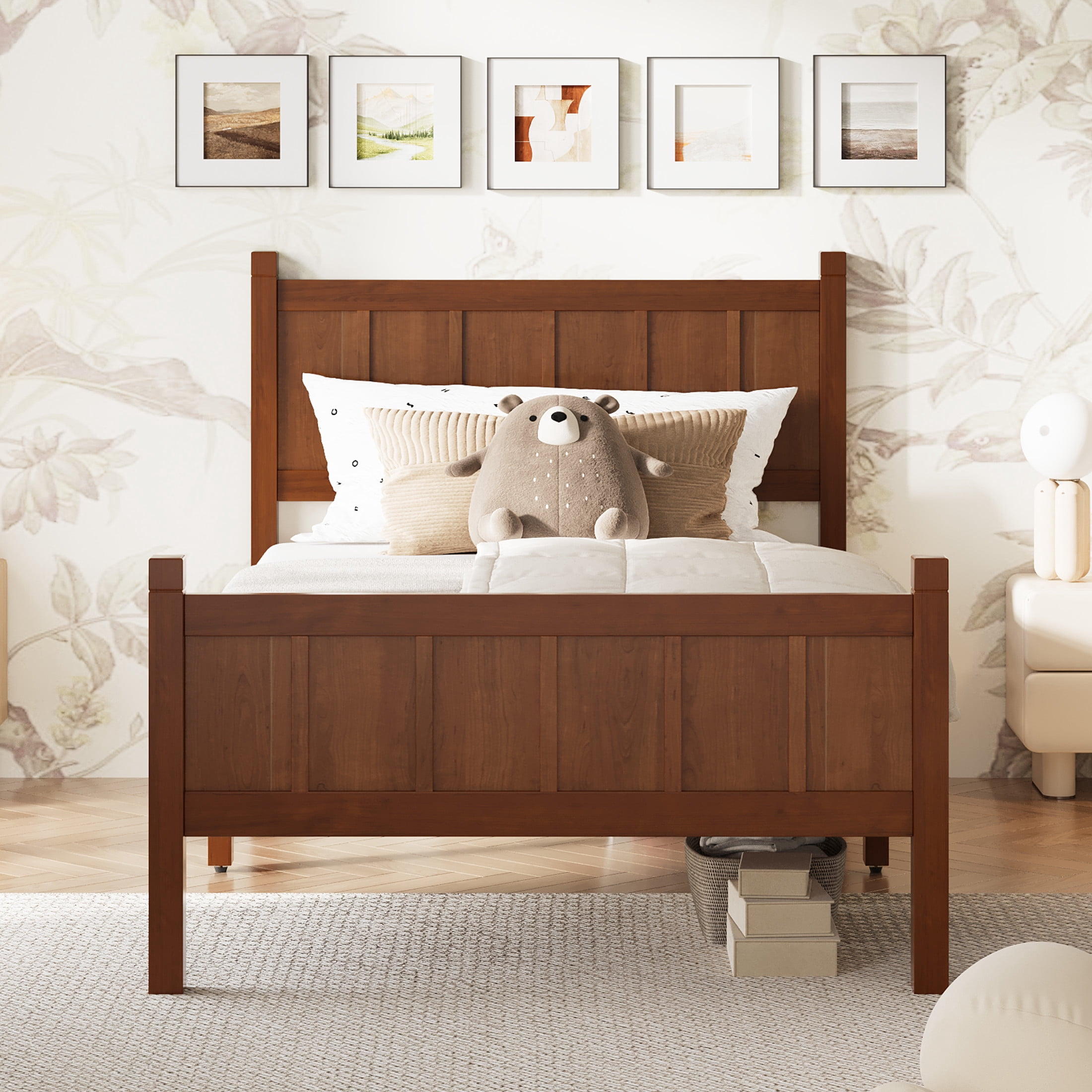 Noble House Twin Platform Bed with Headboard and Footboard, Wood Frame, Dark Walnut