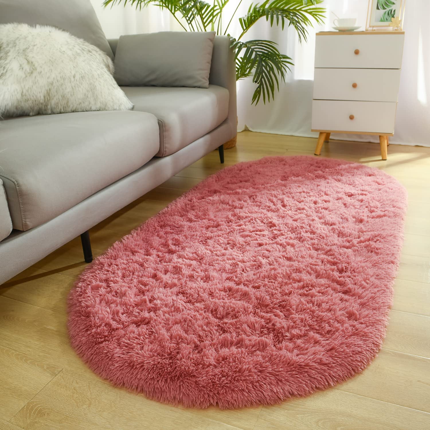 Lochas Soft Oval Rugs Fluffy Plush Modern Area Rug Shaggy Furry Carpet for Living Room Home Decor Play Mat,2.6'x5.3',Blush Pink