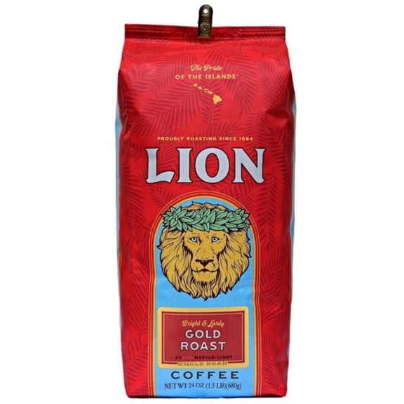 Lion Coffee Gold Roast Whole Bean Coffee, 100% Arabica, Medium-Light Roast, 24 oz