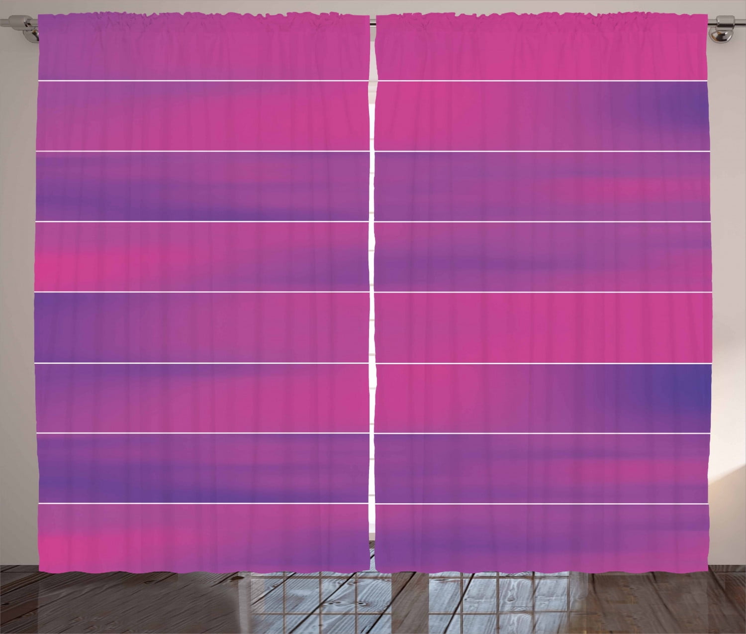 Hot Pink Curtains 2 Panels Set, Horizontal Color Bands Stripes with