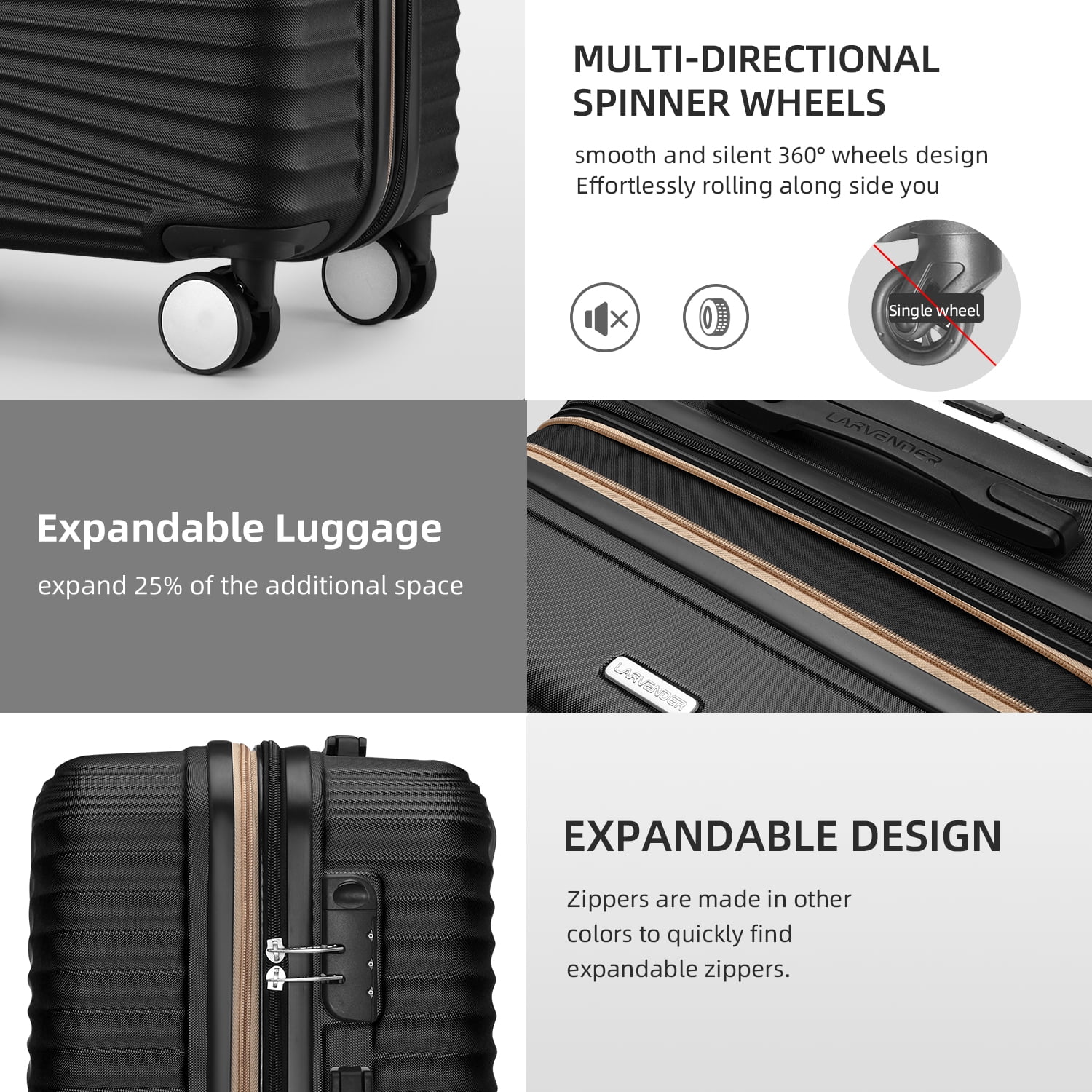 20 Inch Expandable Carry On Luggage, ABS Hardside Suitcase with Double Spinner Wheels, TSA Lock, Lightweight Rolling Travel Case Black