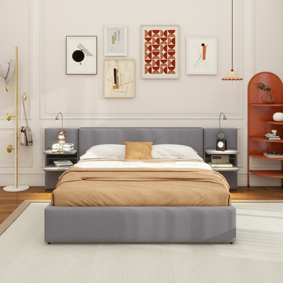 Queen Size Upholstered Platform Bed with Reading Lights, Drawers, Trundle and Shelves, Gray