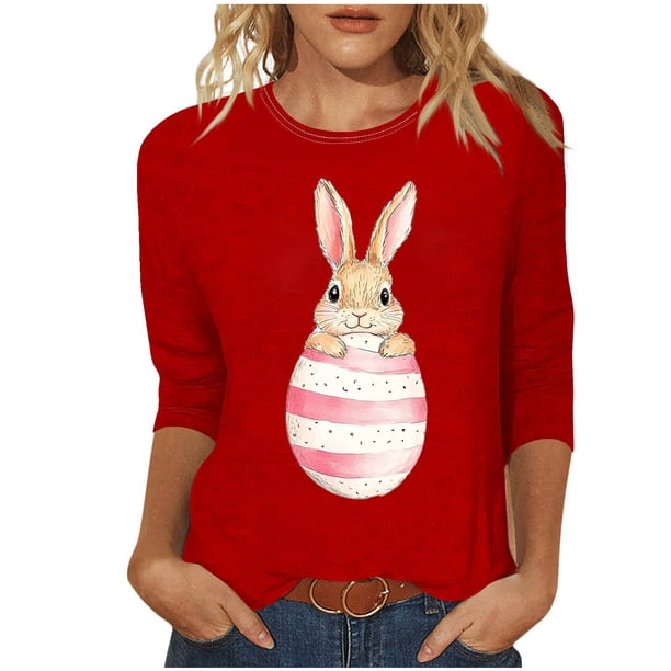 Tops de Cuello Redondo para las Mujeres Pascua Impresa 3/4 Mangas Blusa, Ligera Imitación Algodón Top Casual