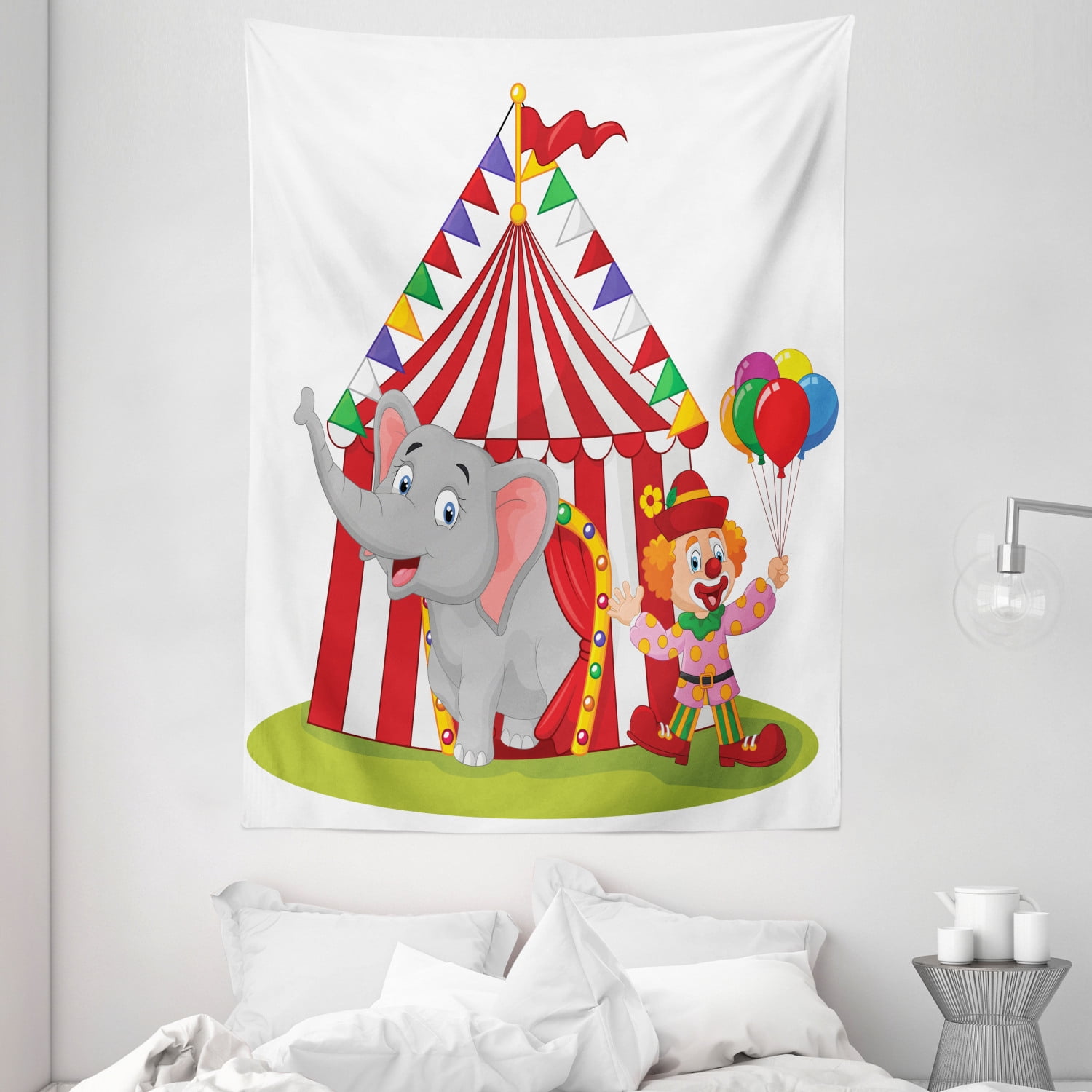 Circus Tapestry, Cartoon Cute Elephant Standing with Clown Circus Tent ...