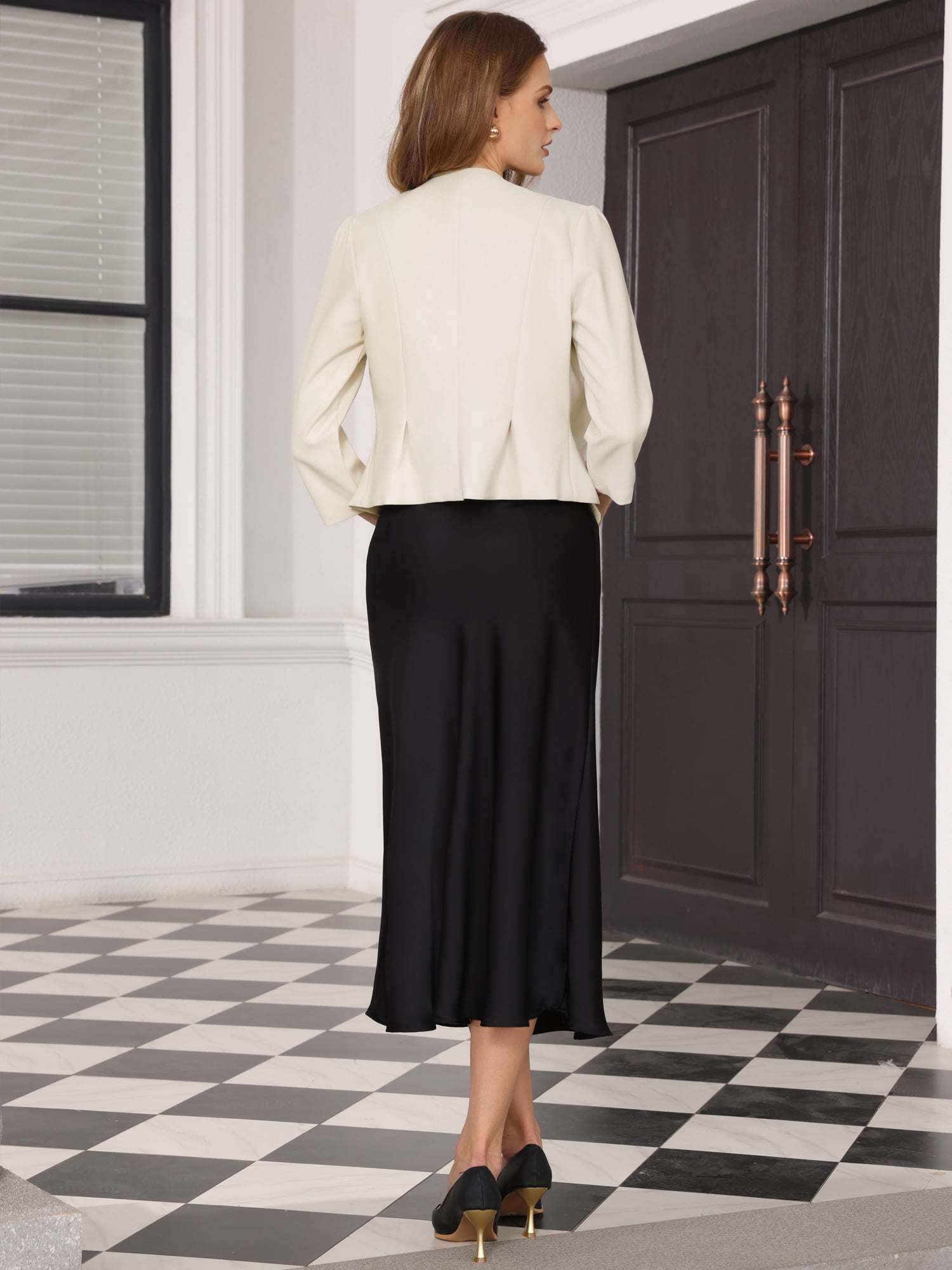 DARING DIVA Women's Peplum Open Front Collarless Suit Crop Blazer Jacket 2XL Beige White