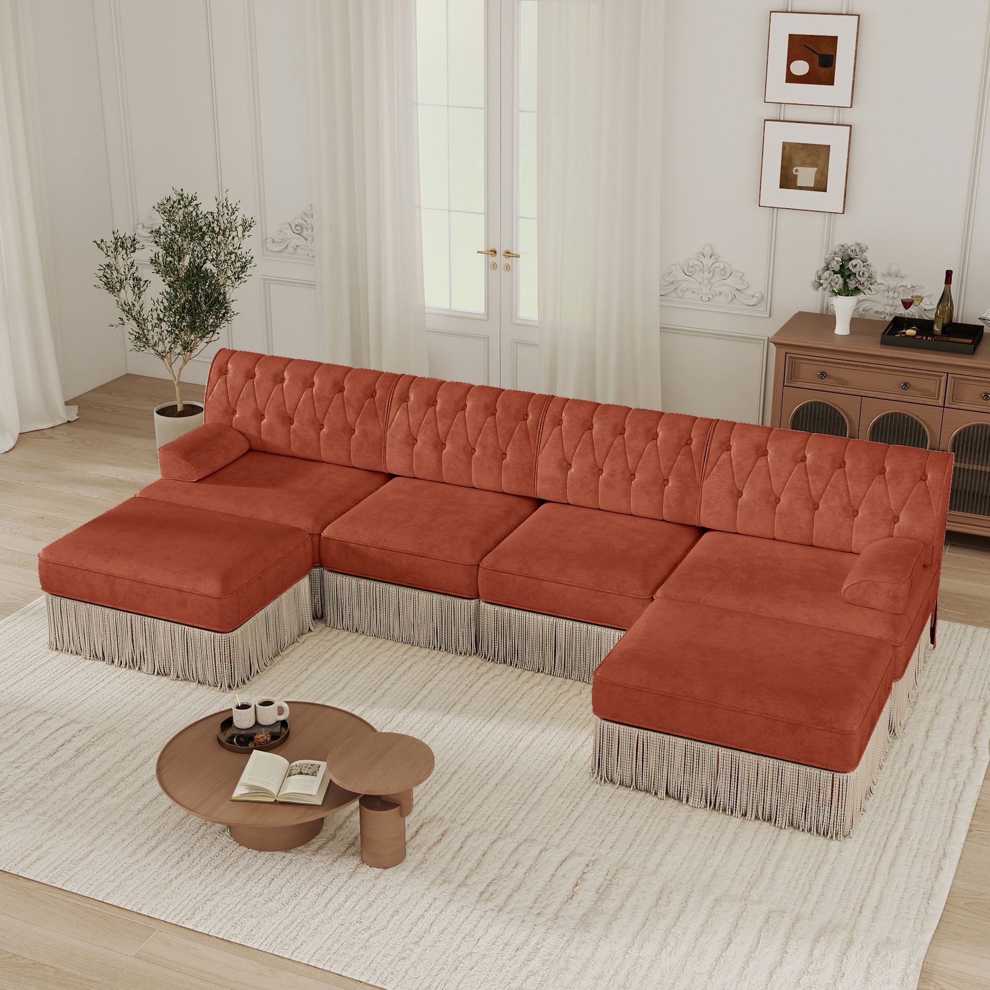 MAYEERTY Cloud Chesterfield Sectional Sofa, 4-Seater Modular Couch with Tassel & 2 Ottomans, Solid Wood Base for Living Room Bedroom