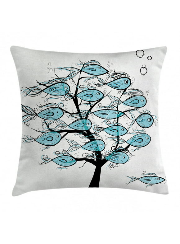 Ocean Animal Decor Throw Pillow Cushion Cover, Life of Tree of Funny Fish Figures on the Branches with Different Emojis, Decorative Square Accent Pillow Case, 16 X 16 Inches, Blue Black, by Ambesonne