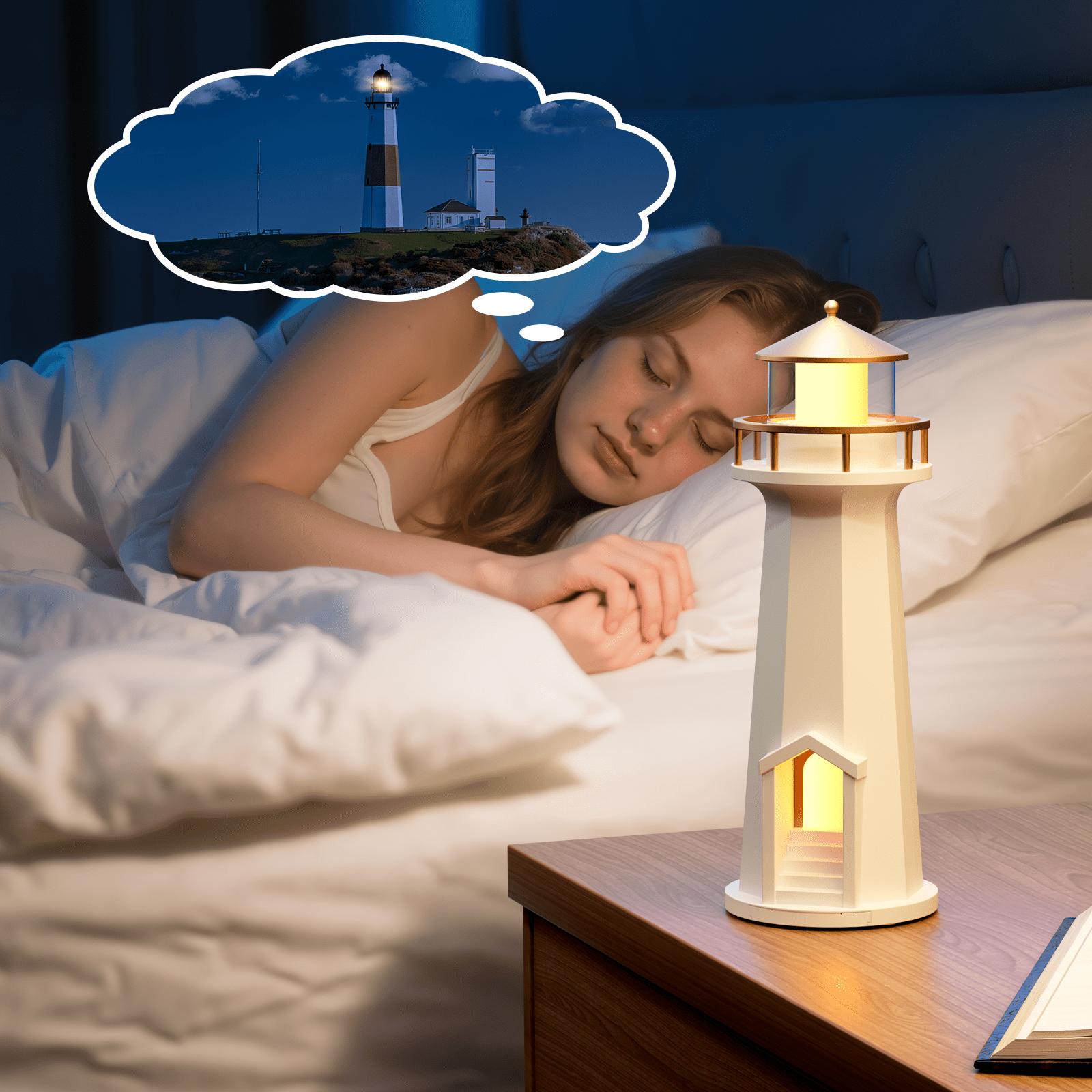 Wireless Charging Lighthouse Night Light | Bluetooth Speaker + Sleep Aid Light with Moon Projection Function, Bedroom Decorative Lighting Gift