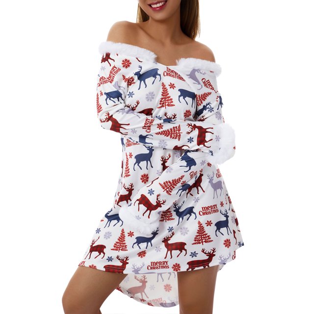 FOCUSNORM Robe de Noël Juniors pour Femmes Manches Longues en Peluche Col en V Dessin Animé Fête Midi