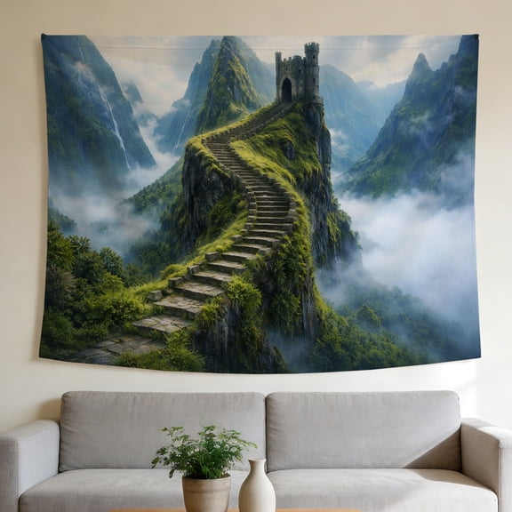 FLASHLUMI 40"x30" Mountain Castle Tapestry, Fantasy Staircase Wall Hanging, Misty Medieval Tower Landscape Wall Art for Bedroom Living Room Dorm Home Decor
