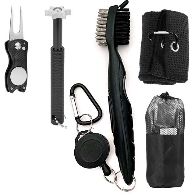 Juego de herramientas de limpieza, toalla, cepillo para palos de golf, afilador de ranuras y herramienta de reparación con bolsa de golf, kit esencial de herramientas de golf para hombres (negro) ER