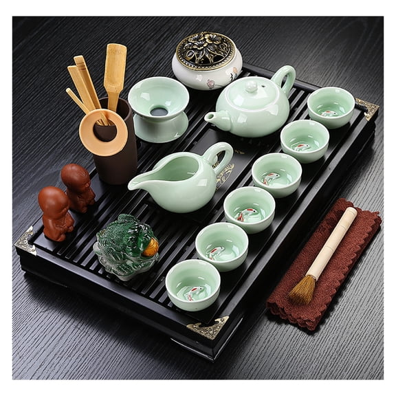 Kung Fu Tea Set Chinese Ceramic Gongfu Tea Set With Wooden Tea Tray And Small Tea Tools, Tea Service, Simple Tea Set Toy Tea Set For Gift, Office Home Use