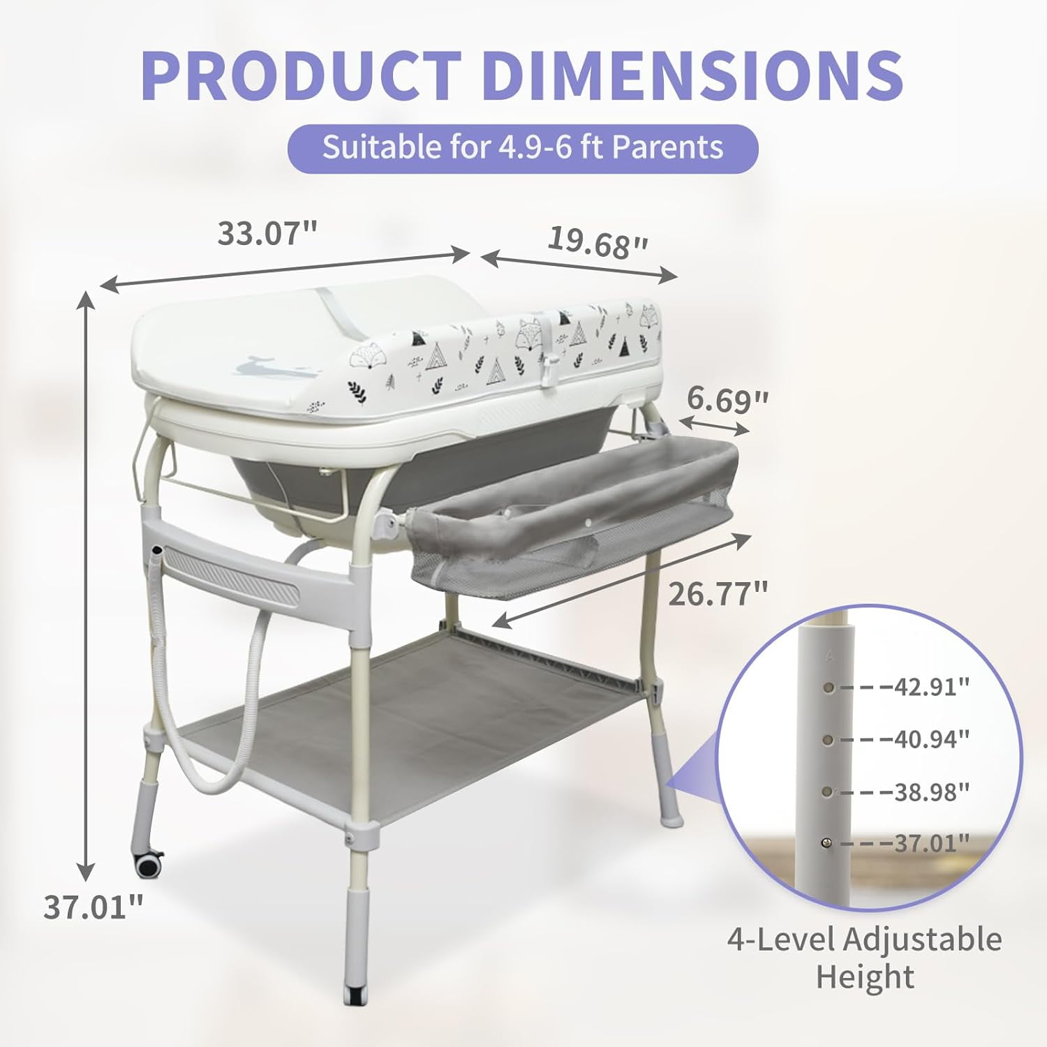 2-in-1 Baby Changing Table with Bathtub, Akaber Newborn Foldable Portable Diaper Station, Adjustable Height with Wheels, Waterproof Pad, Storage Rack