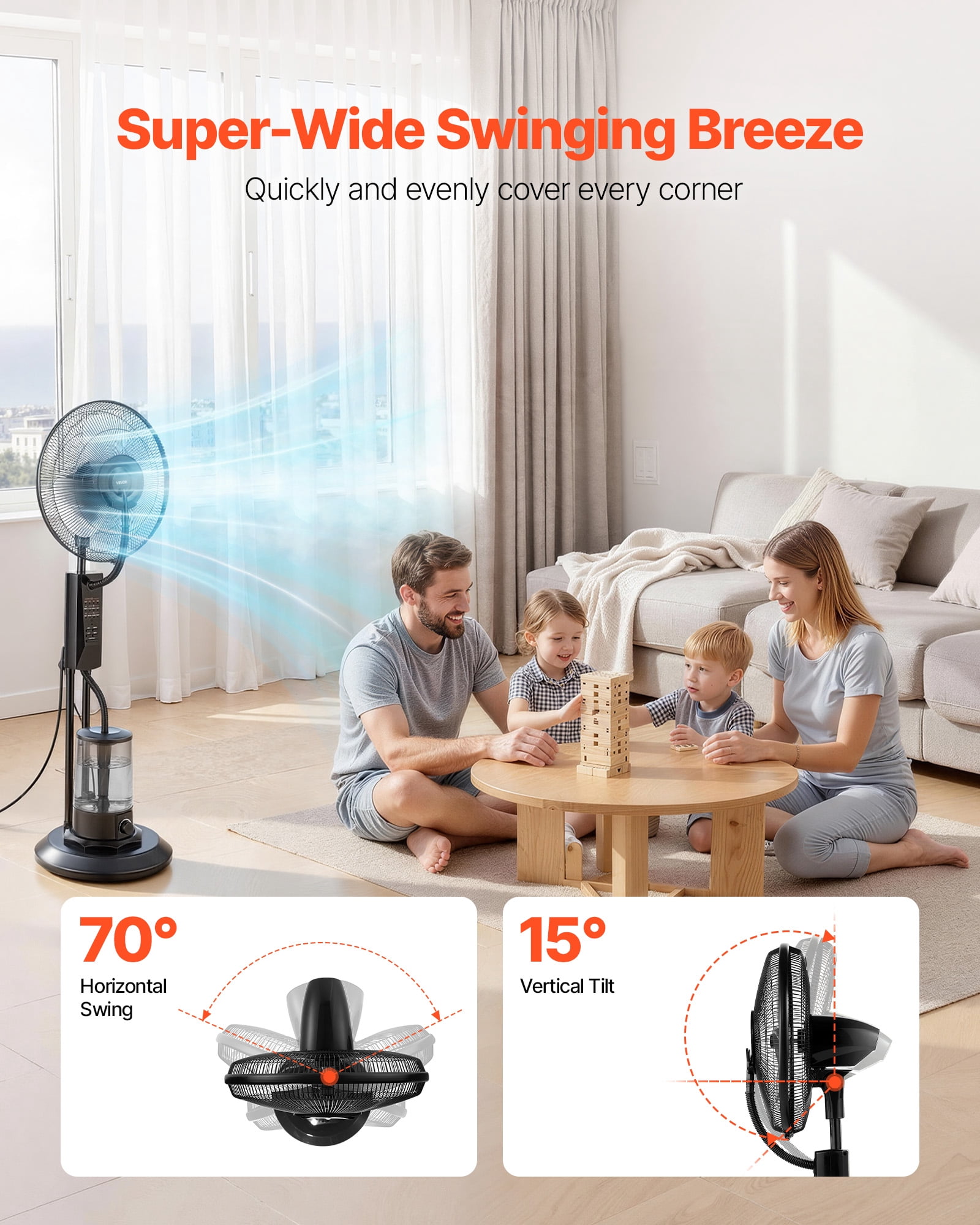 VEVOR Misting Fan, 3 Wind Speeds Misting Standing Fan, Mister Cooling Fans with 0.79 gal Water Tank, Remote & Panel Control, Water Cooling Fans for Indoor, Outdoor, Garage, Patio, Living Room,3 Modes