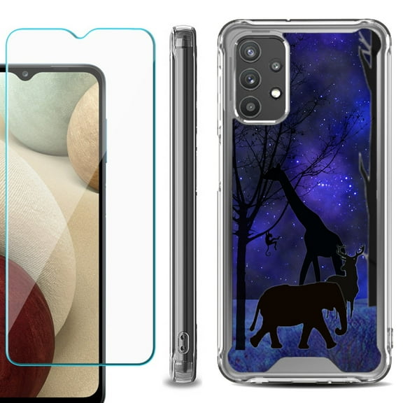 Shockproof Bumper Phone Case for Samsung Galaxy A32 5G, with Tempered Glass Screen Protector, by OneToughShield ® - Midnight Safari