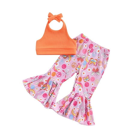 

Vigorbear 2Pcs Summer Kids Baby Kid Girls Pants Set Sleeveless Halterneck Vest Tops+Flower Print Flare Pants Outfit