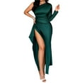 thumbnail image 3 of Womens Wedding Guest Maxi Dress Fall One Shoulder Sleeve Satin Bodycon High Split Cocktail Formal Prom Dresses Dark Green M, 3 of 7