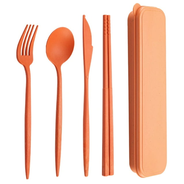YOPTOP 4Pcs/Set Reusable Portable Plastic Cutlery Set with Storage Box Students Spoon Fork Cutter Chopsticks Tableware Set for Outdoor Travel,Orange