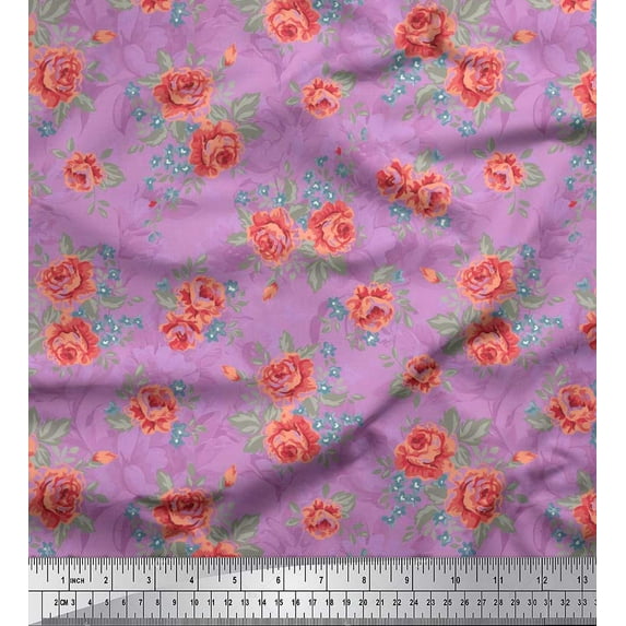 Soimoi Poly Georgette Fabric Leaves & Rose Floral Printed Craft Fabric by the Yard 42 Inch Wide