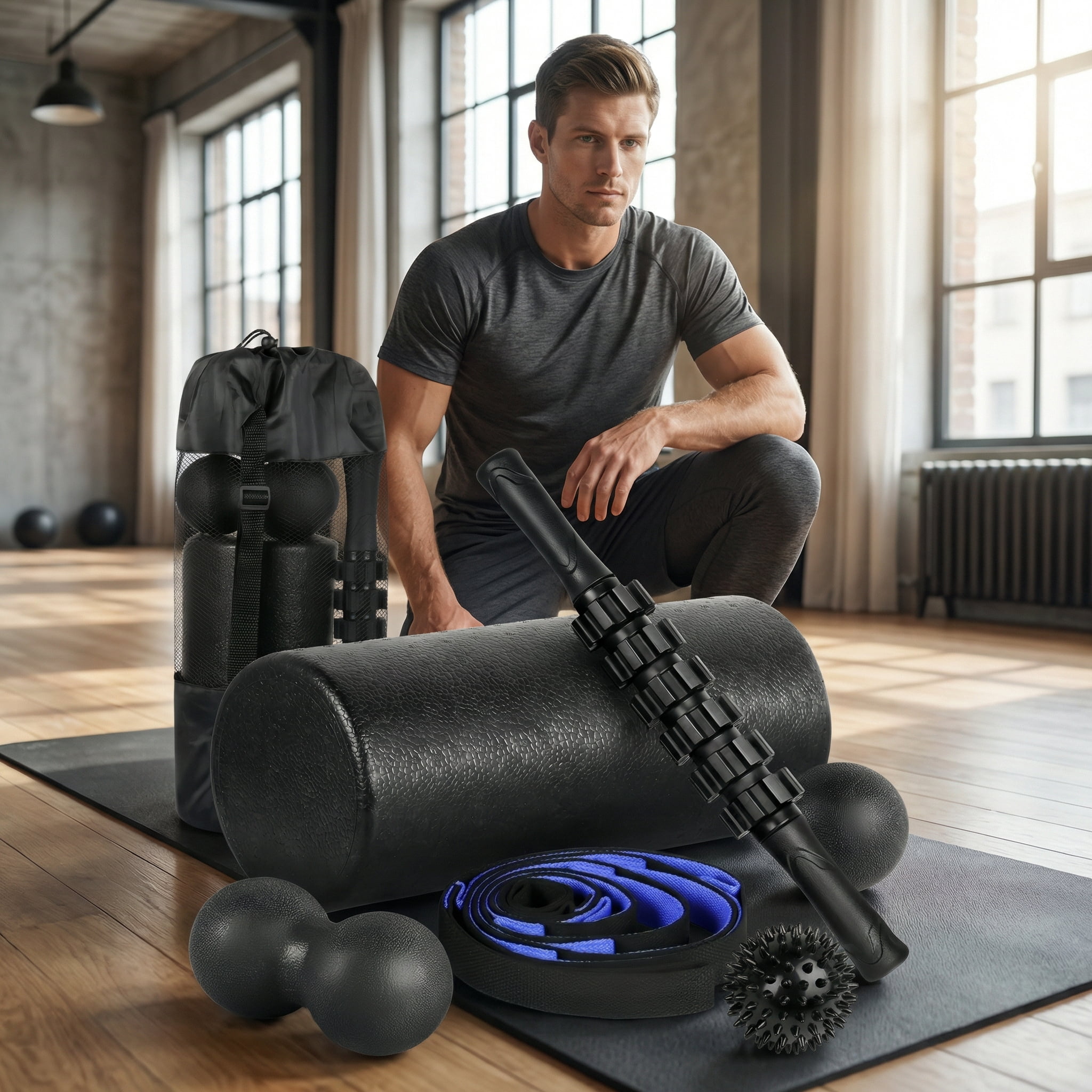 7-in-1 Black Foam Roller Set, for Muscle Recovery - Foam Roller, Massage Stick, 3 Muscle Massage Ball, Stretching Strap & Storage bag, Deep Tissue Trigger Point Therapy Kit for Back Pain, Sore Muscle