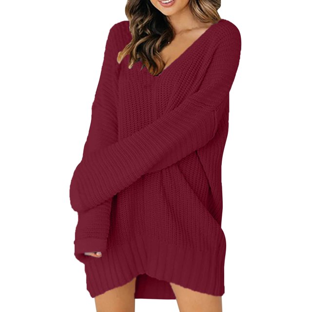 Prolriy Robes Chandail pour Femmes 2025 Tendance Femmes Dames Robe Ample Col en V Mi-Longue Chandail en Tricot Robe Chandail Rouge TG