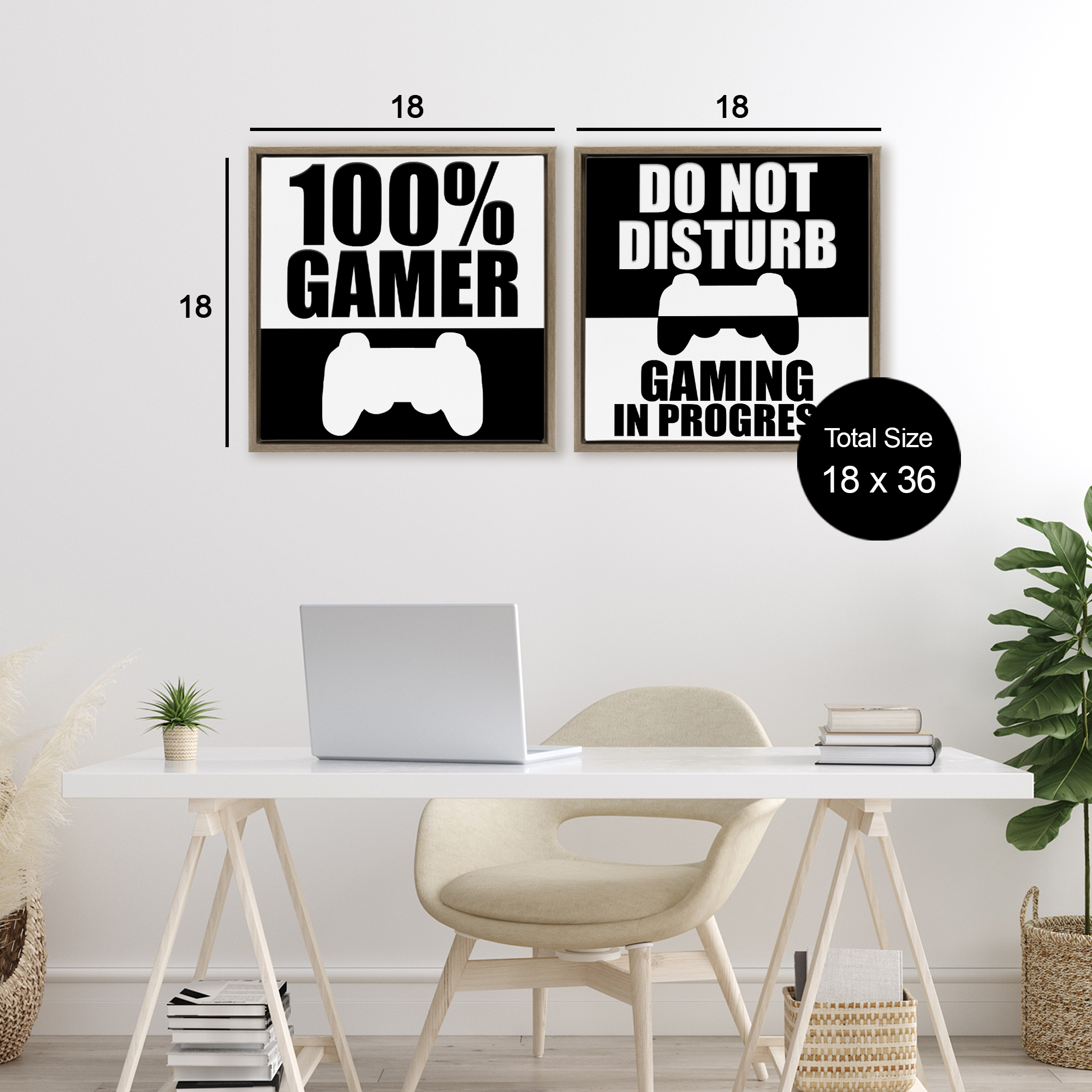 Competitive Gamer Black & White 2 Piece Brown Framed Floater Canvas Set, design by Kim Allen