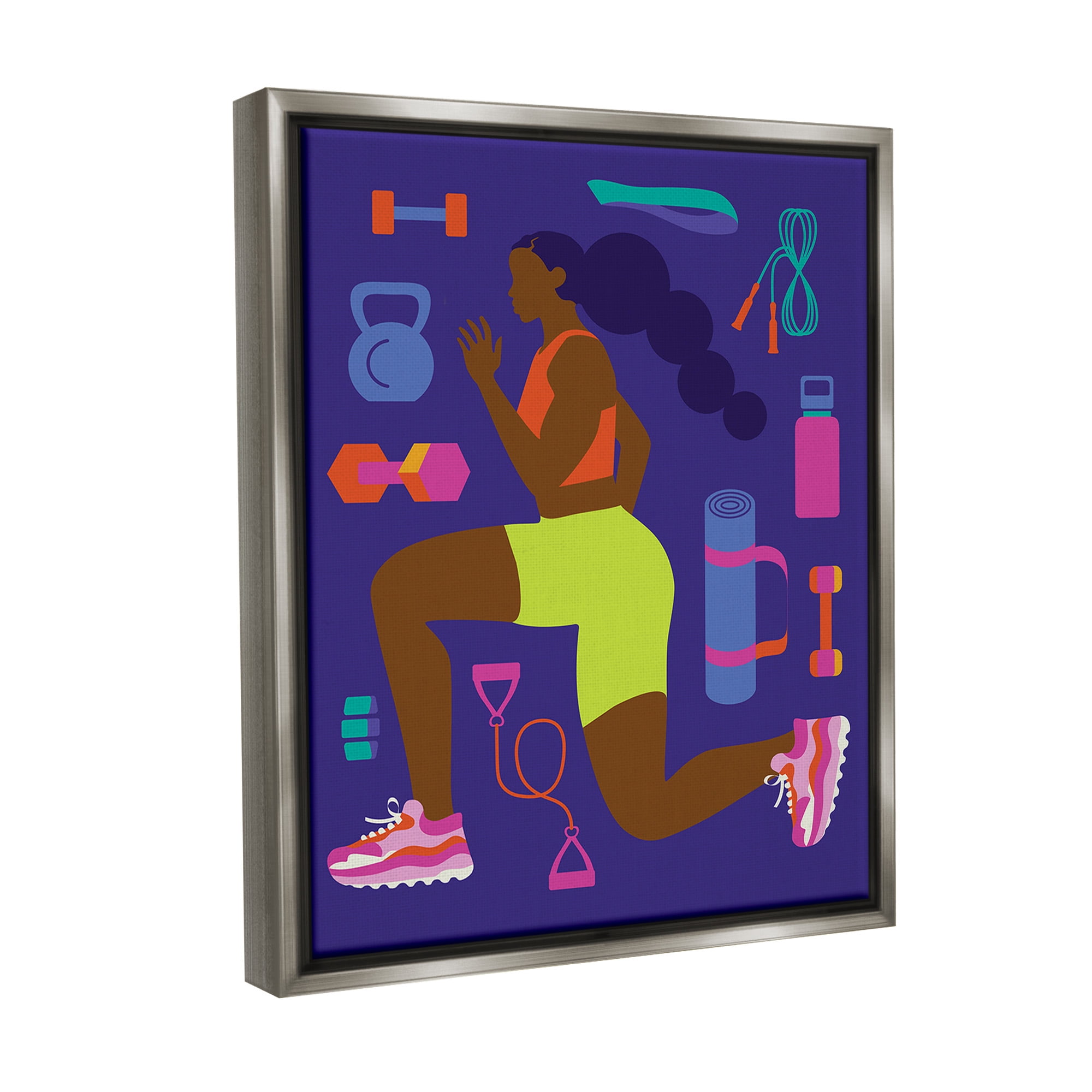 Stupell Industries Inspiring Woman & Workout Sports Painting Gray Floater Framed Canvas Art Print Wall Art, 25 x 31