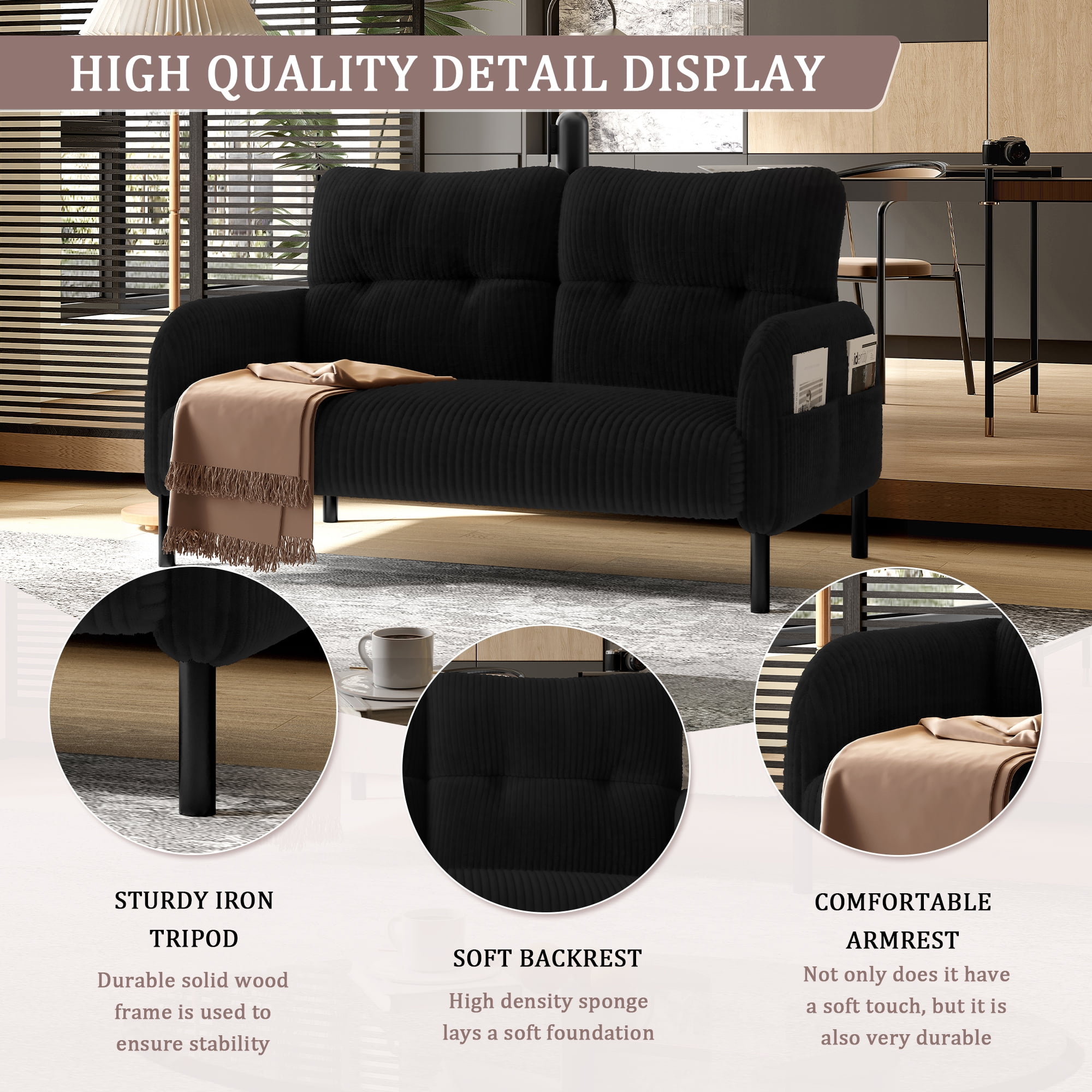 47" Small Loveseat Sofa Couch for Small Spaces,Corduroy Upholstered 2-Seater Love Seats for Apartment, Bedroom,Office,Black