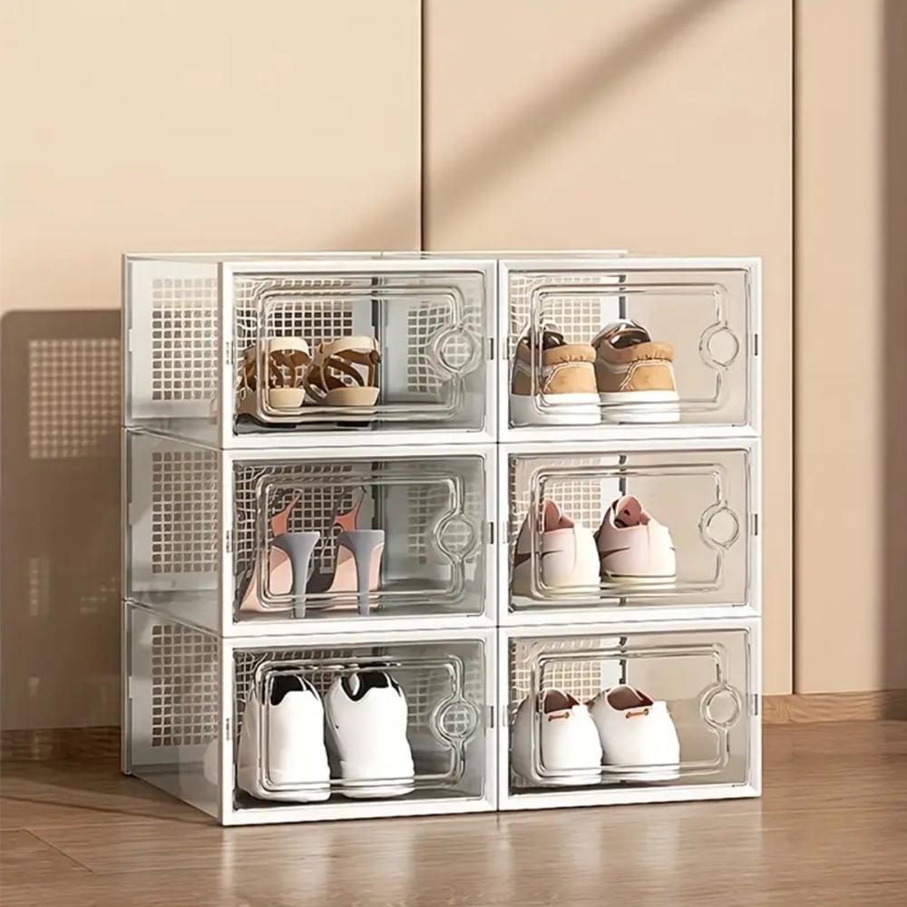 6PCS Thick Transparent Shoe Box with Lid Foldable & Stackable Plastic Shoe Rack Organizer - Waterproof Space-Saving Storage for All Shoe Types - Ideal for Foyer Bedroom Home Dormitory - White