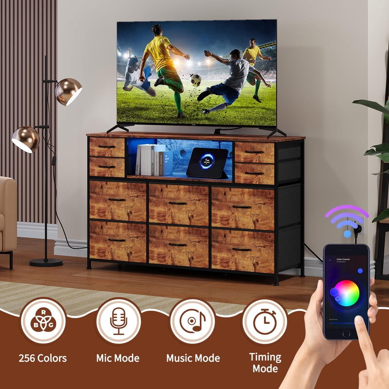 TROPOW 10 Fabric Drawers Dresser with LED Lights, Entertainment Center with Charging Station, Wood Top, Open Shelves, TV Stand for 40"-55" TV, Chest of Drawers for Bedroom Living Room Hallway
