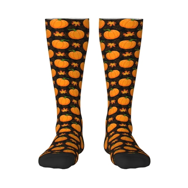 Fotbe Orange Pumpkin And Autumn Maple Calcetas Divertidas Estampadas para Hombre y Mujer, Calcetas de Algodón hasta la Rodilla para Caminar, Correr, Enfermería y Embarazo