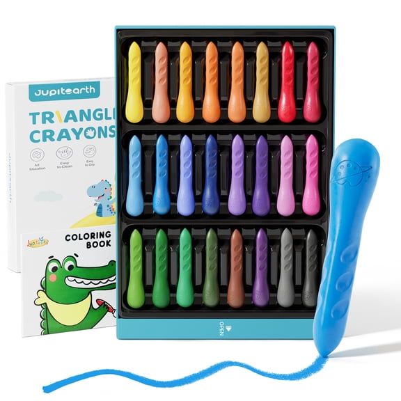 JUPITEARTH 24 Ct Crayons with Coloring Book & Bonus Stickers, Non-Toxic & Washable Triangle Art Supplies and Ideal for