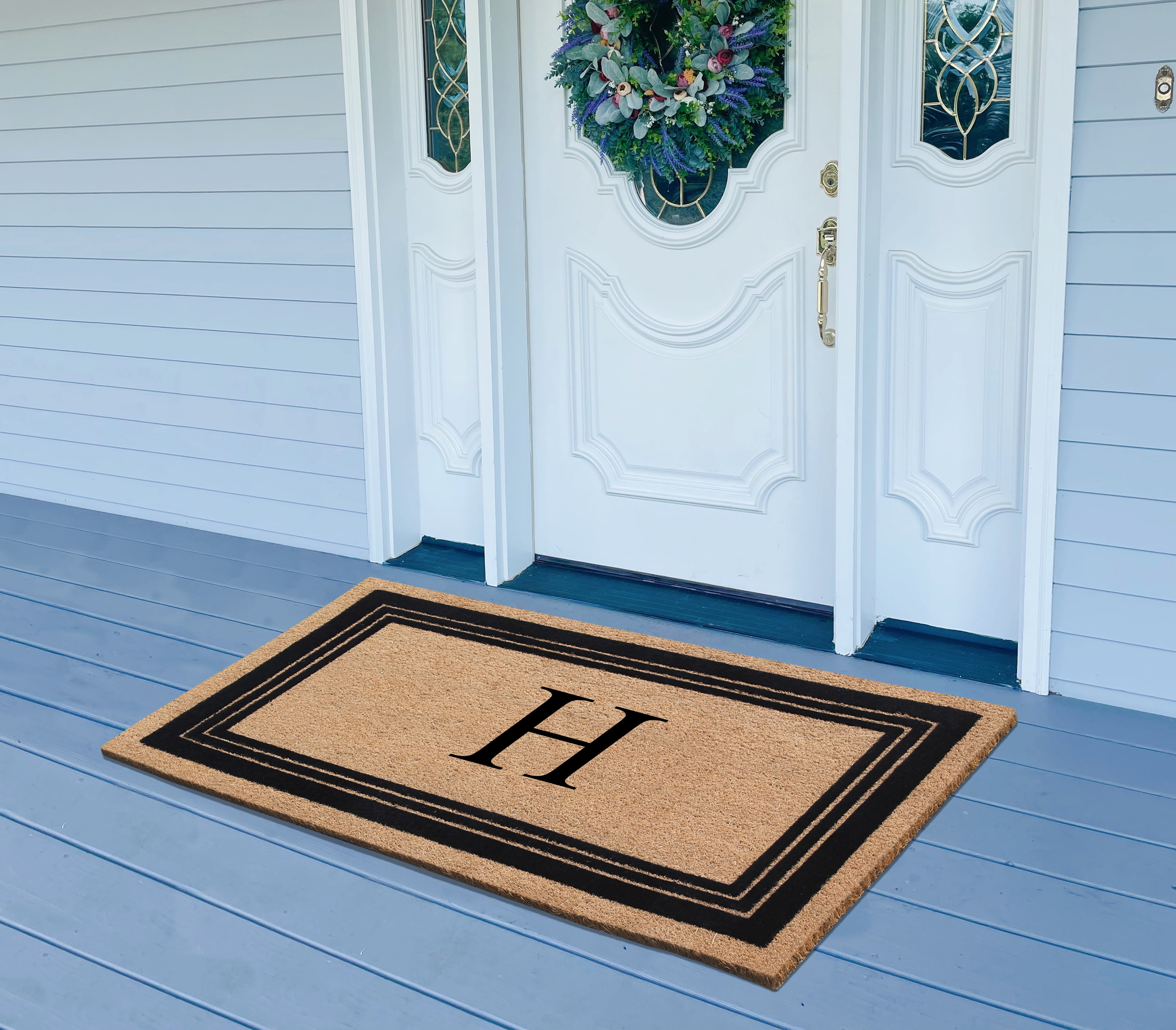 A1HC Natural Coir Monogrammed Entrance Door Mats, Durable Large Outdoor Rug, Non-Slip, Flock Doormat, Thin-Profile Heavy Duty Door Mat, Indoor Outdoor Front Door, High Traffic Areas, 24" X 39"