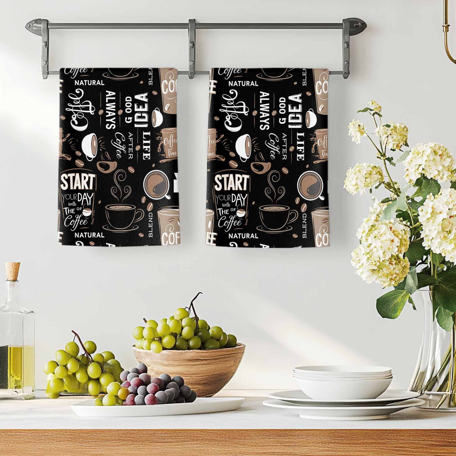 Coffee Black Kitchen Towels Set of 2, Brown Beans Cup Dessert Drink Monochrome Absorbent Dish Towels for Kitchen, Microfiber Hand Towel, Quick Drying Tea Towel for Cleaning Decorative Dishcloths