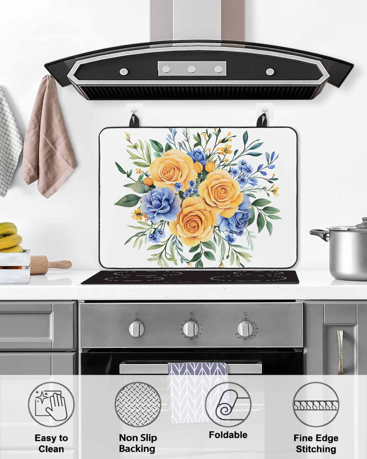 nqOlkjepod Large Induction Cooktop Protector Mat 24"x21", Floral Eucalyptus Leaves Stove Top Covers for Electric Stove, Blue Yellow Garden Flowers Stove Burner Cover Mats, Glass Top Stove Cover