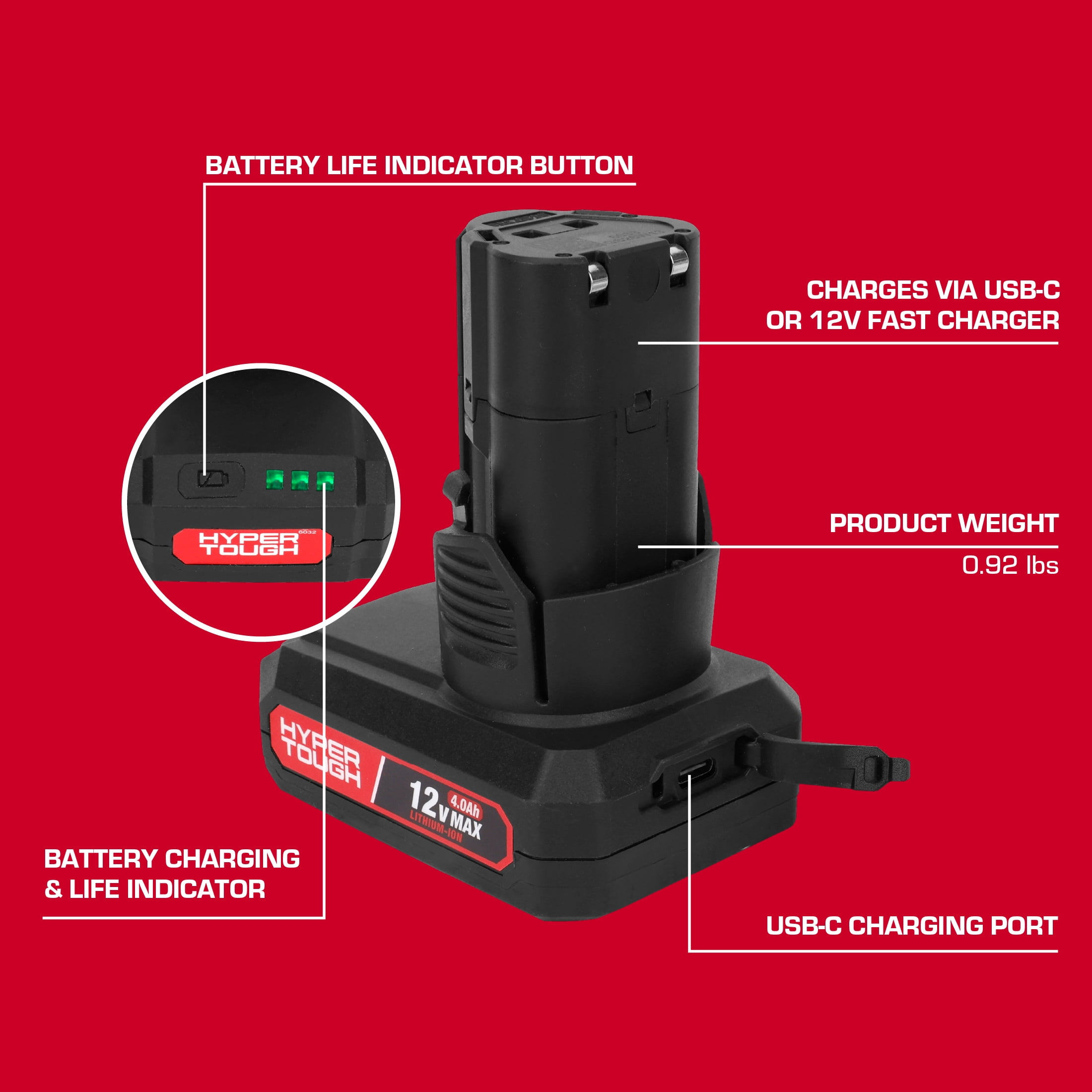 Hyper Tough 12V Lithium-Ion 4.0Ah Rechargeable Battery